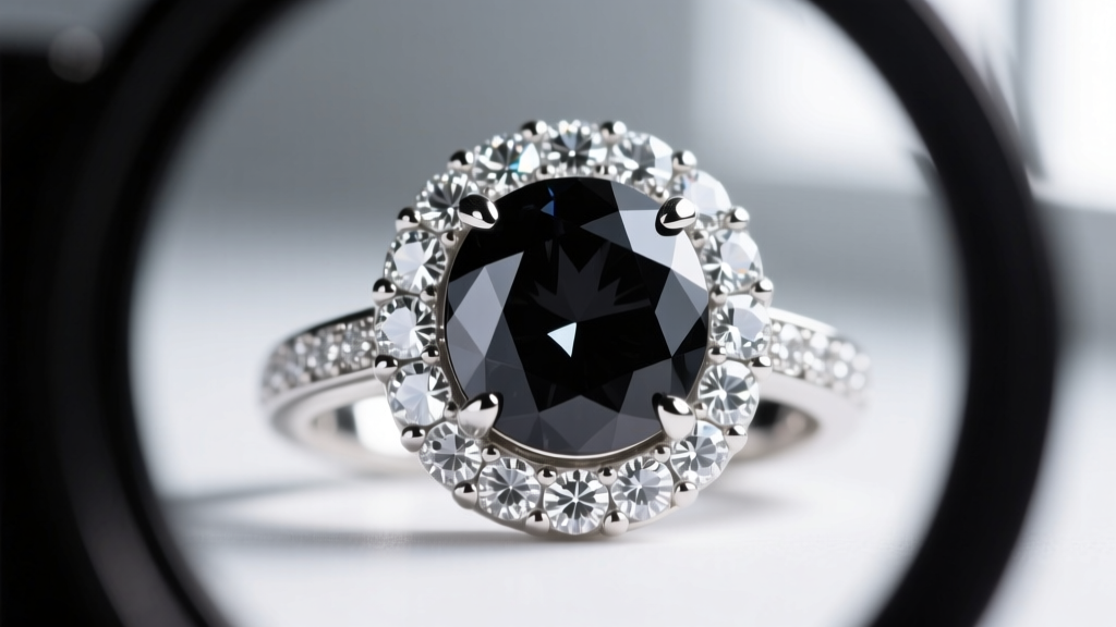 Macro view through a 10x loupe of a black spinel gemstone prong setting surrounded by white moissanite melee in a platinum bezel.