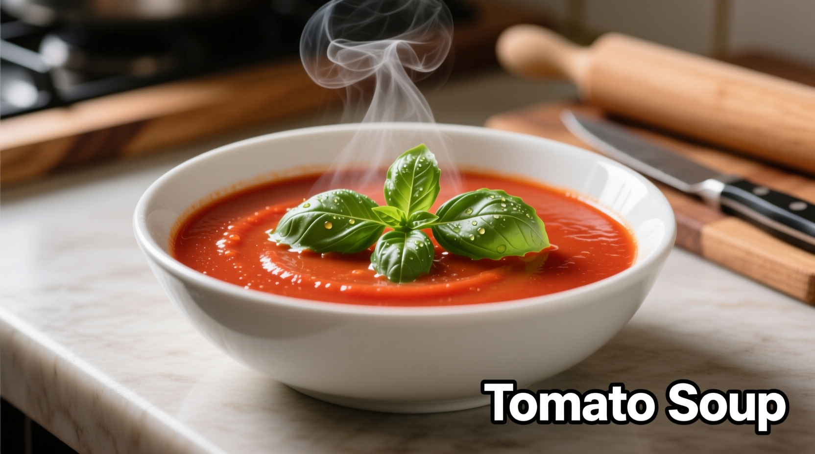 Tomato soup in white bowl with fresh basil garnish