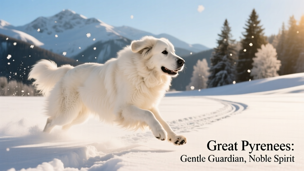 white great pyrenees running through snow