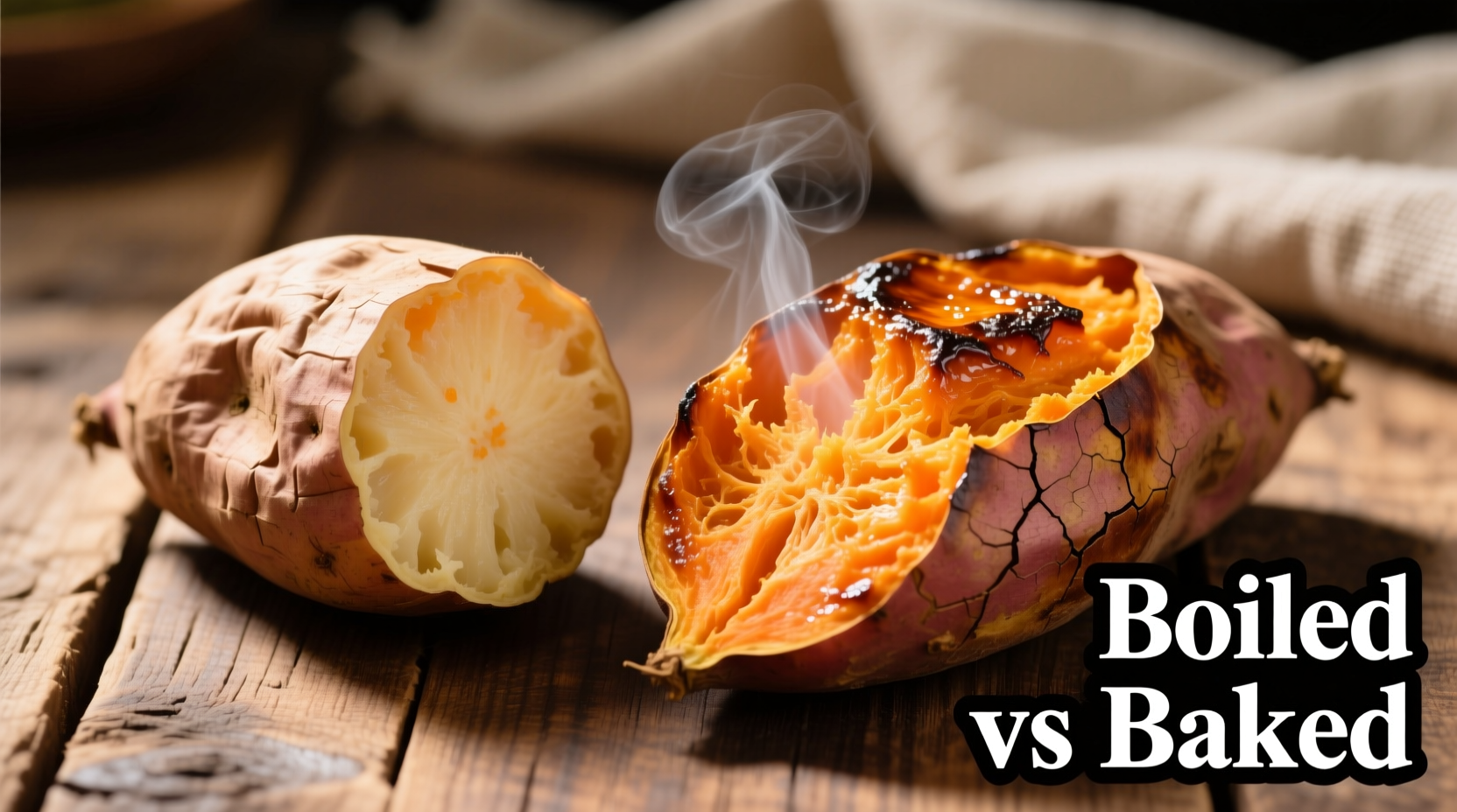 Boiled versus baked sweet potatoes side by side
