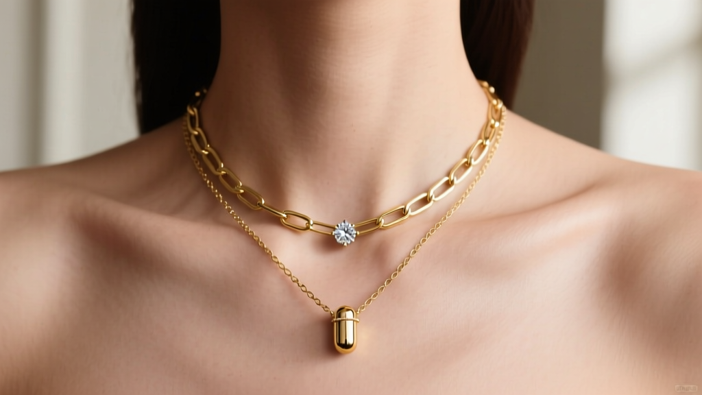 Woman layering a gold capsule pendant necklace with a paperclip chain and small diamond solitaire, shot from the collarbone up.
