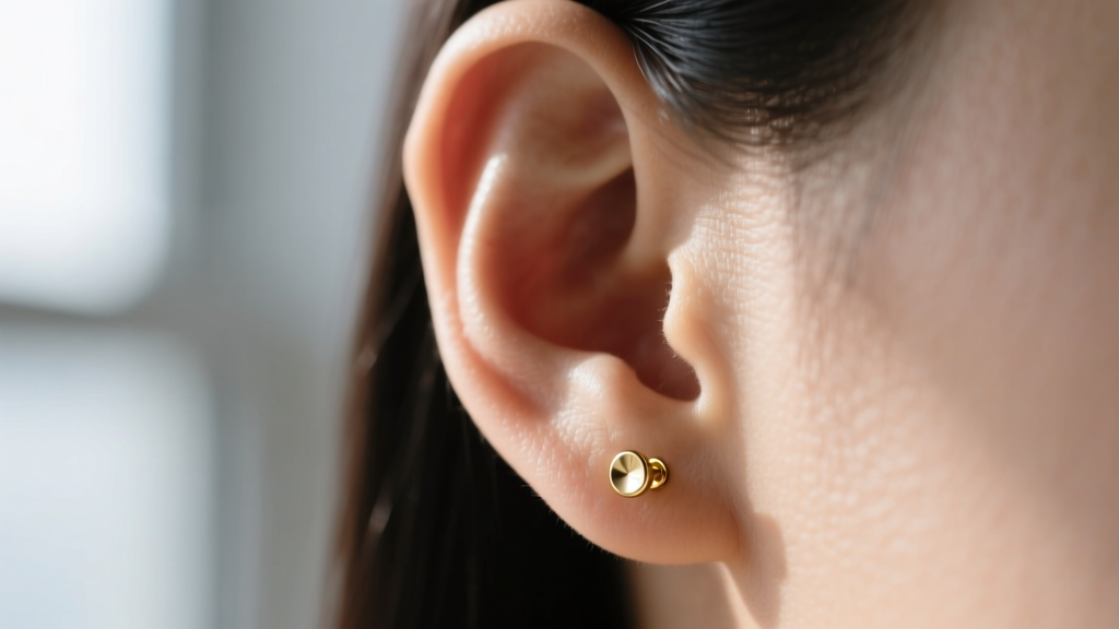 Close-up of an earlobe wearing a 14k gold threadless stud, soft lighting highlighting skin texture and high-polish metal finishes