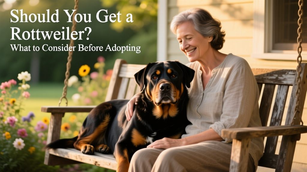 A senior Rottweiler resting peacefully beside its owner on a porch swing, both relaxed and content