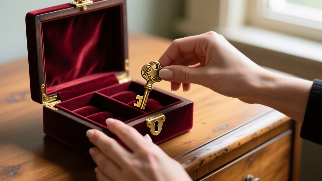 Close-up of hands trying to turn a small brass key stuck in the keyhole of a vintage velvet locked jewelry box on a wooden dresser