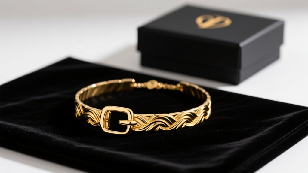 Elegant flat lay of a gold vermeil buckle necklace on black velvet, soft studio lighting, luxury gift box visible in background.