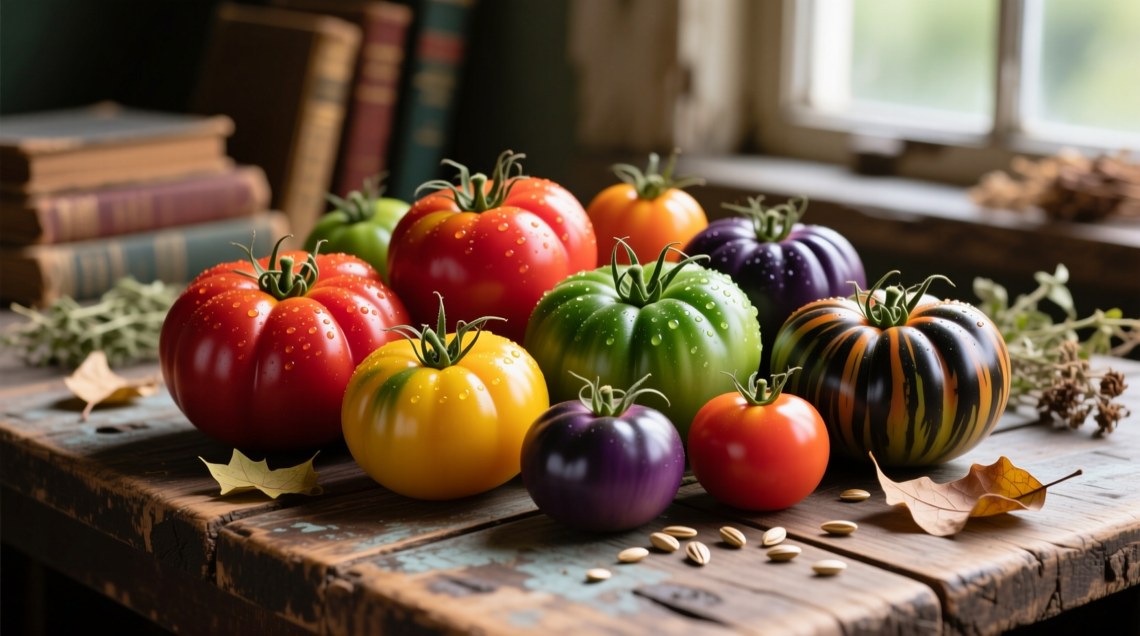 Colorful assortment of heirloom tomato varieties on wooden table