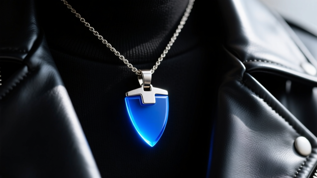 Close-up of a glowing blue polycarbonate data shard pendant in brushed titanium hardware on a dark leather jacket collar.