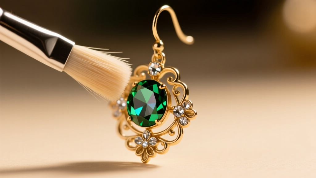 Macro shot of a soft brush cleaning foil-backed rhinestones on a vintage fifties holiday drop earring under warm studio lighting