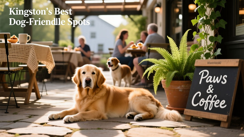 A calm dog lying on the stone floor of a sun-dappled, dog-friendly cafe patio with café tables and greenery