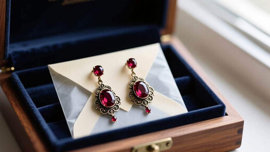 Antique garnet dangle earrings stored in small acid-free glassine envelopes inside a dark velvet-lined wooden jewelry box.