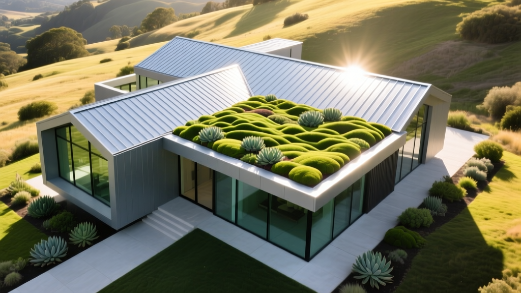 Aerial view of a modern home with standing seam cool metal roofing and an extensive sedum living roof under bright sunlight