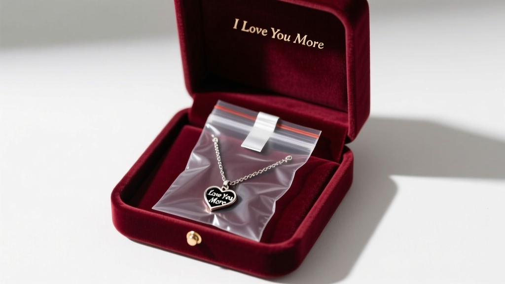 An open velvet jewelry box showing an i love you more necklace stored with an anti-tarnish strip in a sealed polyethylene bag