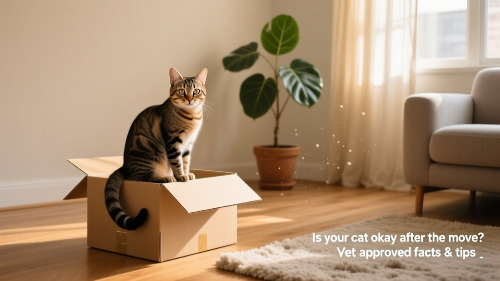 A calm but cautious cat sitting near a half-unpacked box in a new living room