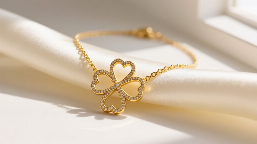 Close-up of a delicate 18k yellow gold open clover necklace resting on cream silk, highlighting the intricate milgrain edges.