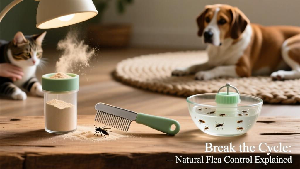 Side-by-side comparison: natural flea control tools including a fine diatomaceous earth powder shaker, a flea comb, and a DIY soapy water trap under a lamp