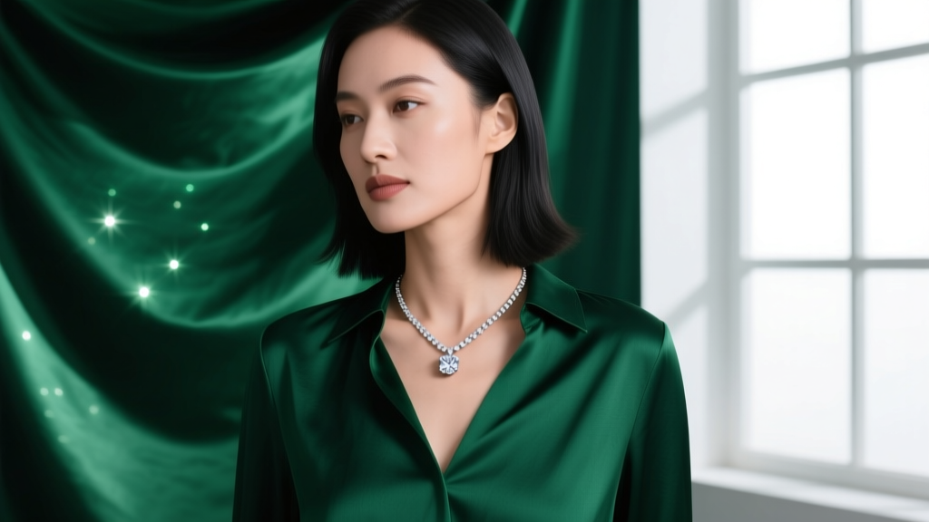 Woman wearing a 1-carat LEO diamond solitaire pendant on an 18-inch 14k white gold box chain against a dark green silk blouse.