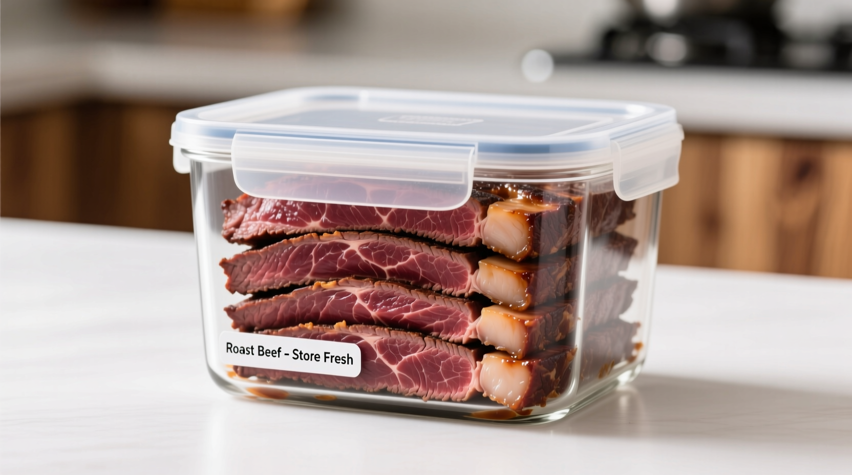 Properly stored sliced roast beef in air-tight container