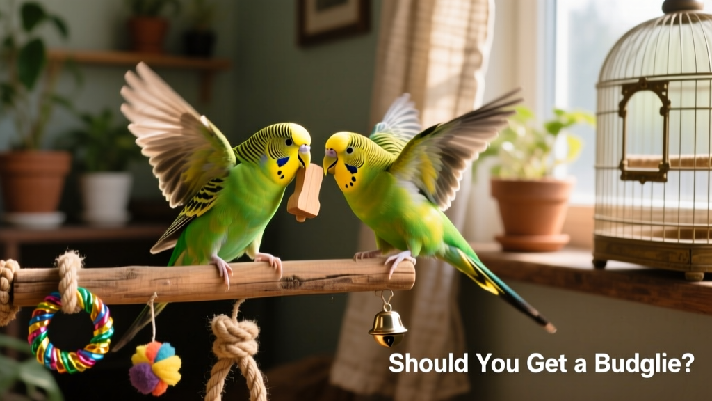 Two budgies interacting playfully on a perch with toys nearby