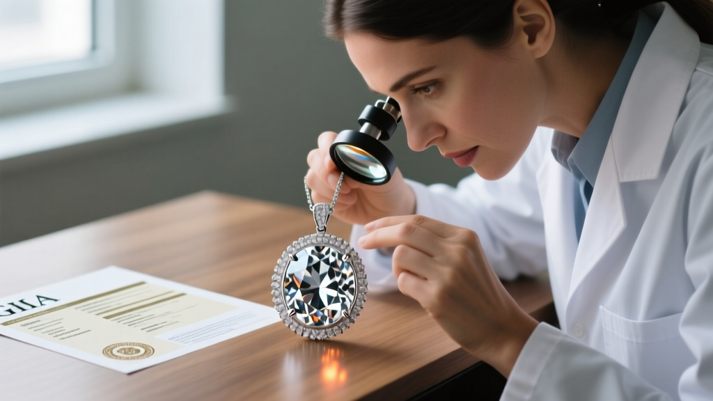 A gemologist inspecting a Golconda diamond pendant with a loupe, while a GIA report rests in the softly blurred desk background.