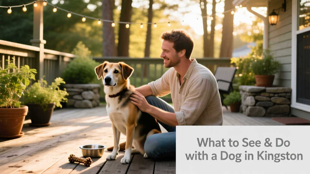 A relaxed dog sitting beside their person on a shaded, dog-friendly patio with string lights overhead