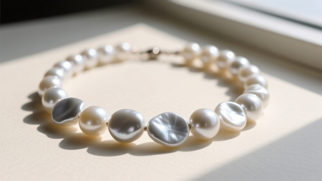 Jewelry illustration of an asymmetric Akoya pearl choker showing sharp white highlights and soft grey core shadows on textured paper