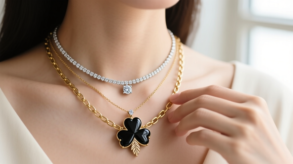 Close-up of a woman layering a 16-inch onyx clover pendant with an 18-inch diamond solitaire and a 20-inch gold paperclip chain.