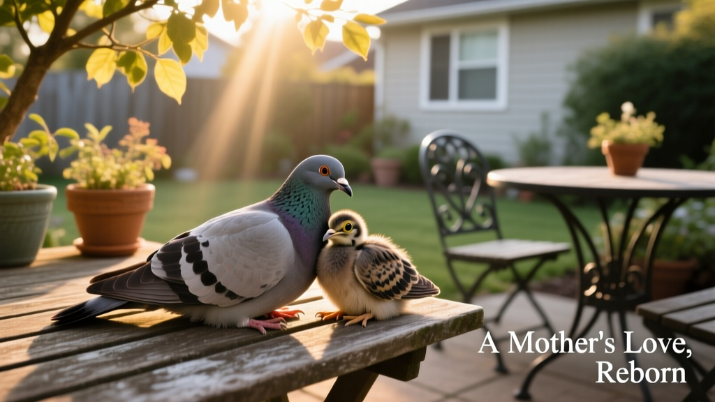 Mother pigeon and baby resting together on patio furniture