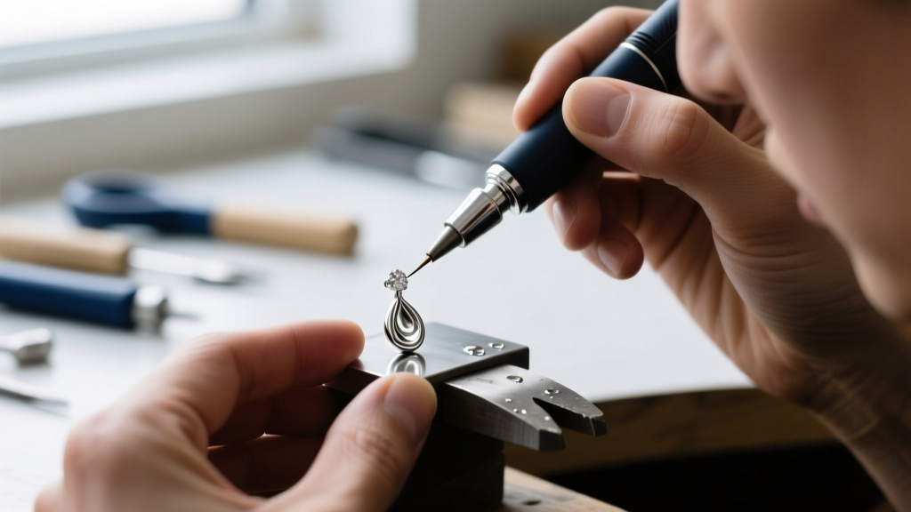 Close-up of a jeweler applying rhodium plating to a sterling silver earring post using a specialized electroplating pen tool
