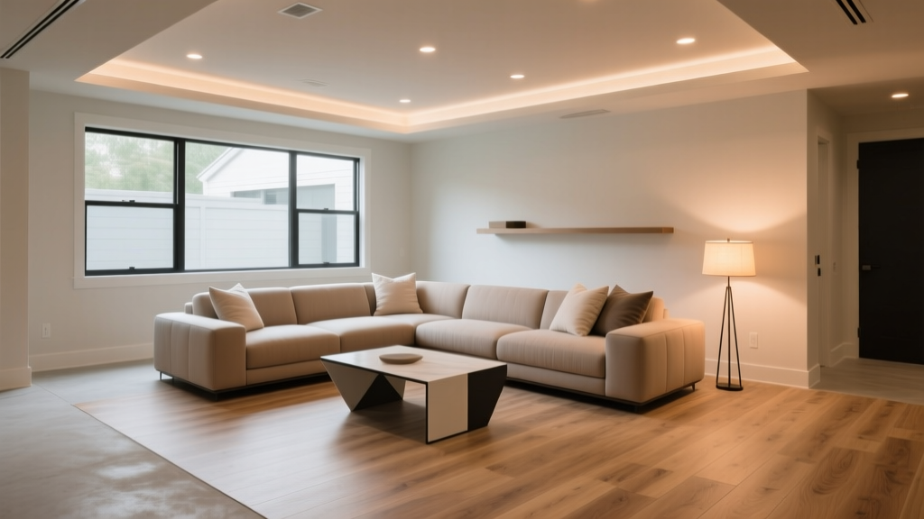 Finished basement with light oak click-lock vinyl plank flooring over concrete, featuring a modular sofa and warm lighting