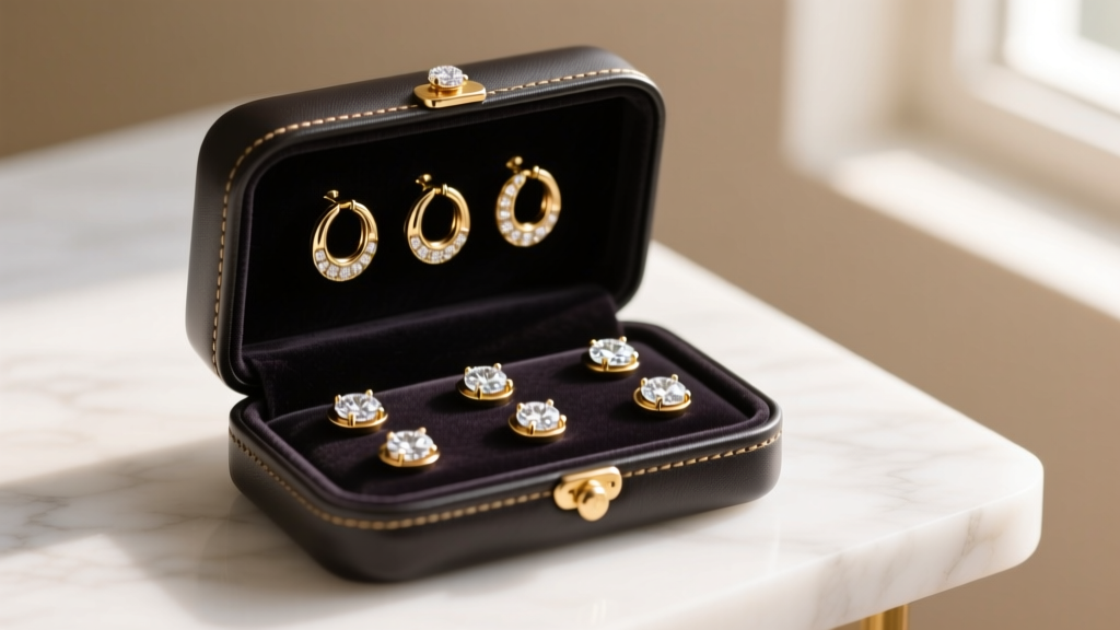 Open luxury leather earring case displaying 14k gold huggies and diamond flatbacks on dark anti-tarnish velvet lining