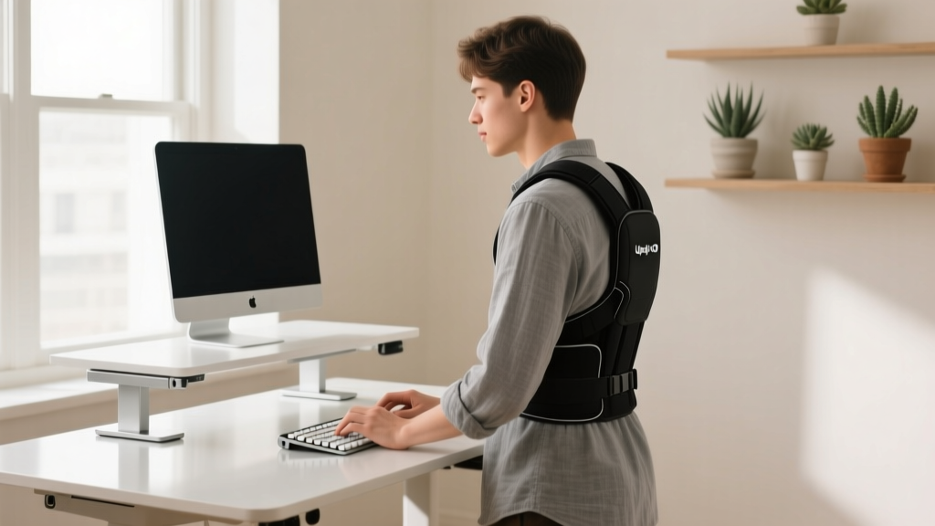 Side profile of a remote worker wearing an Upright GO 2 posture trainer on their upper back while typing at a standing desk converter