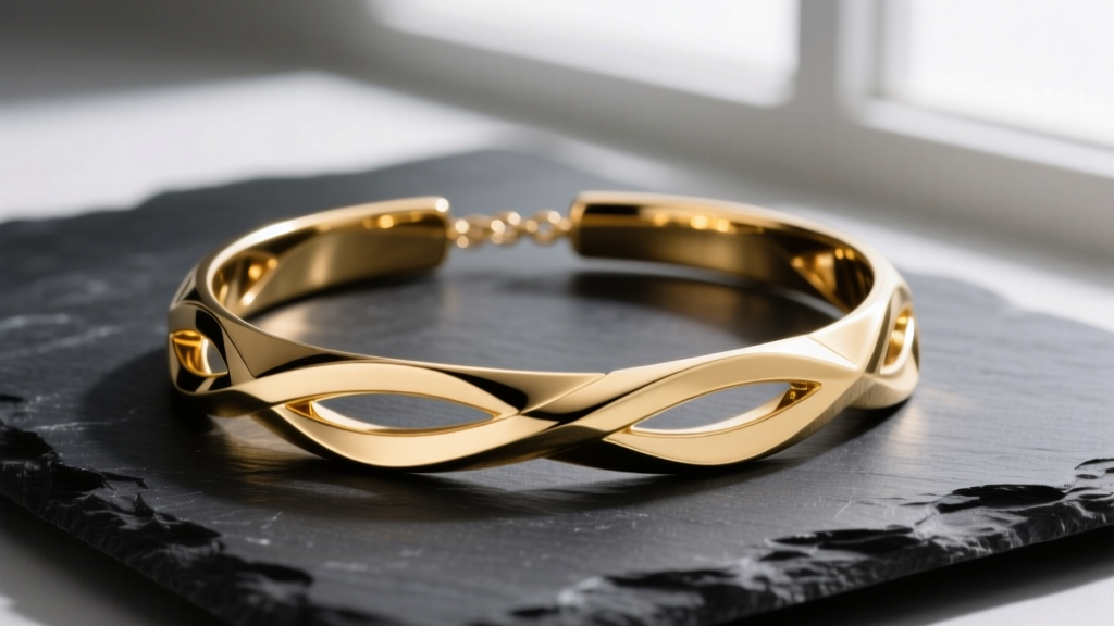 14k gold open torque collar necklace on dark slate, reflecting soft studio light to highlight its smooth, unclasped metal ends.