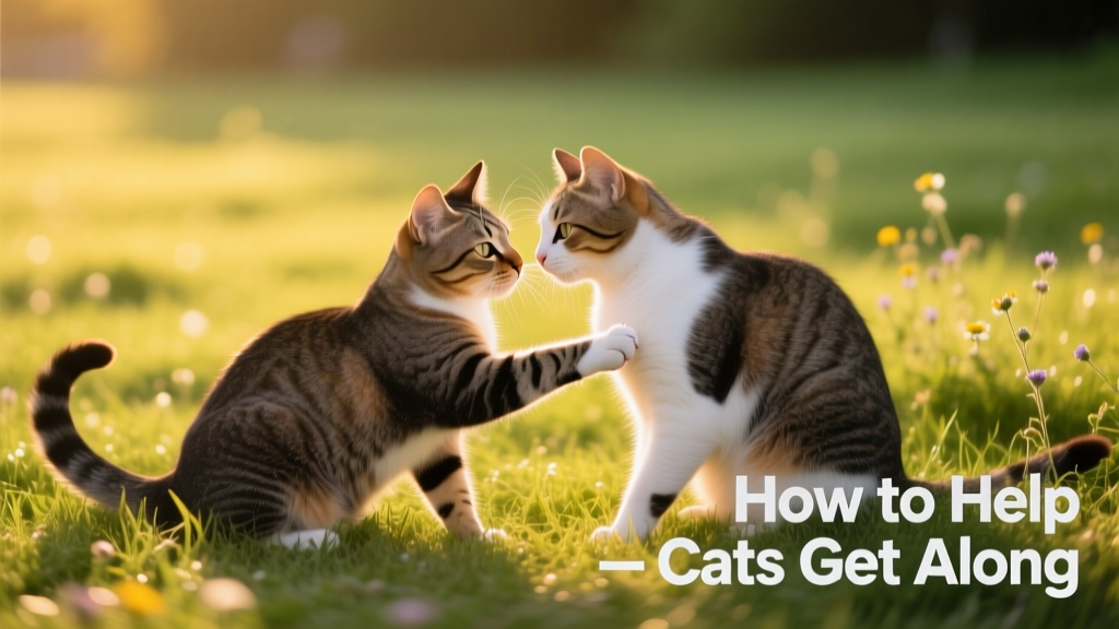Two cats engaged in gentle, playful interaction on grass—ears forward, tails relaxed, no signs of tension