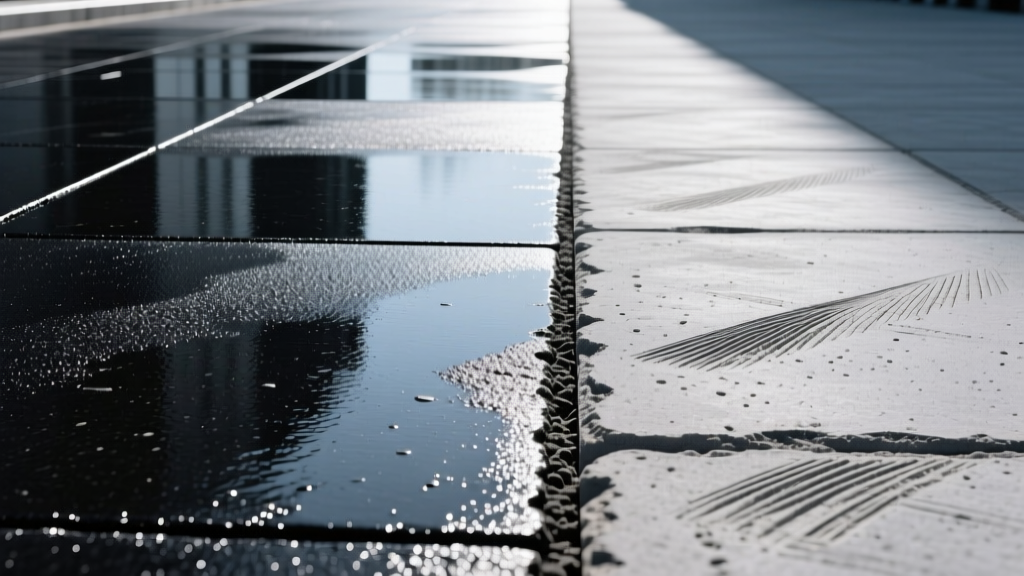 Split-view of black asphalt flexible pavement on the left and broom-finished gray concrete pavement on the right, showing surface textures.