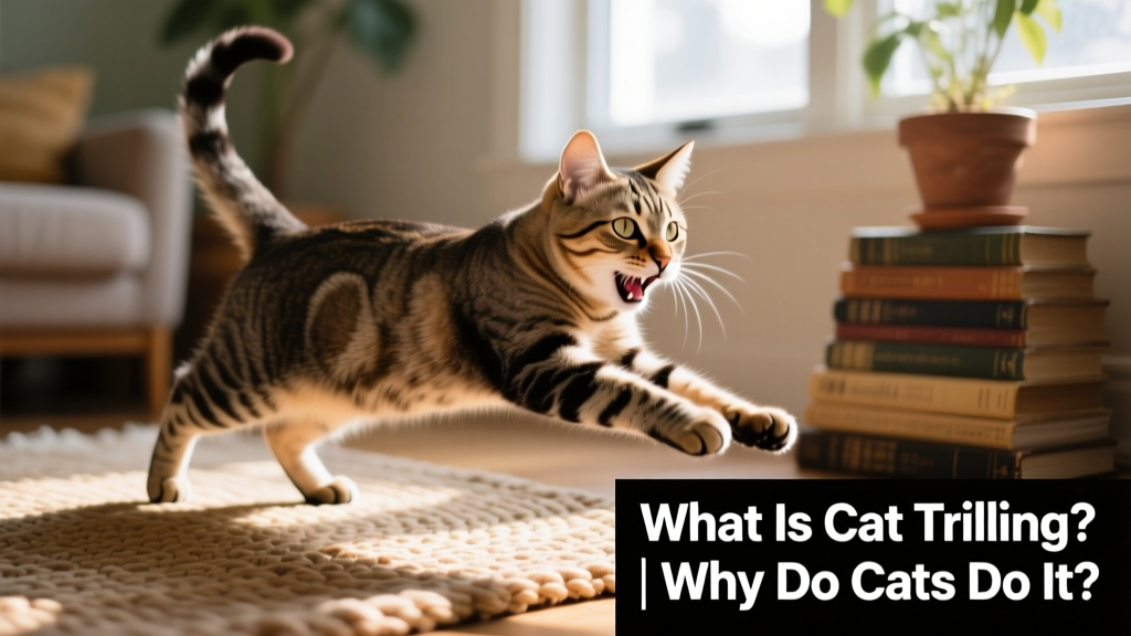 A cat mid-pounce, mouth open in a soft trill, tail raised