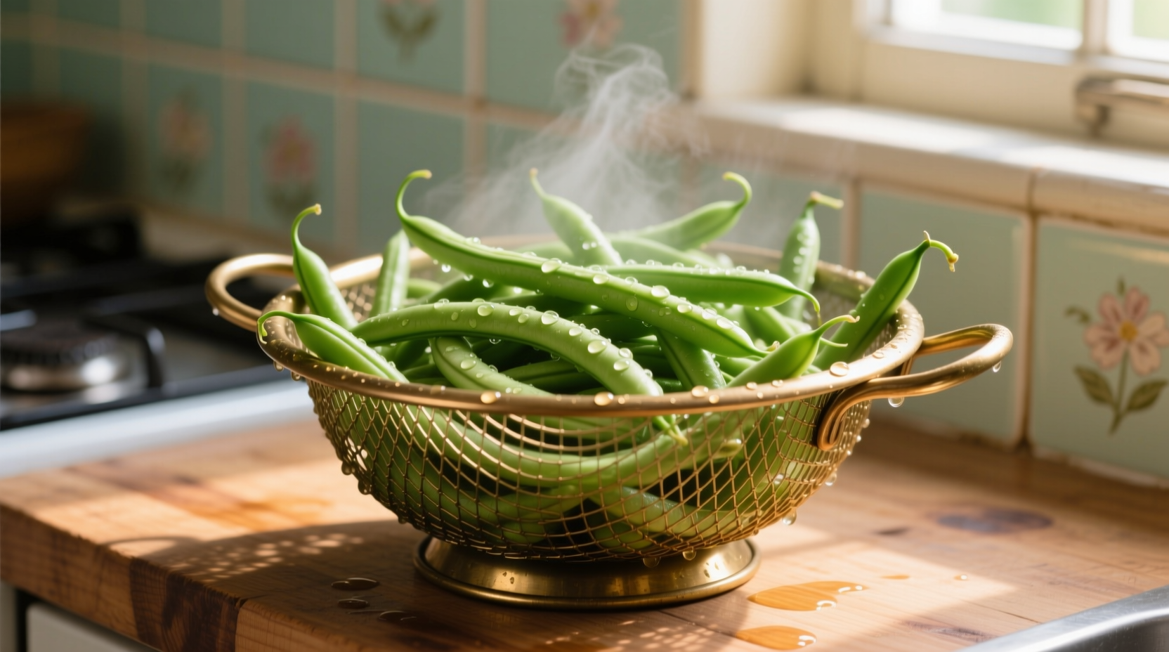 Fresh green string beans in a colander after cooking
