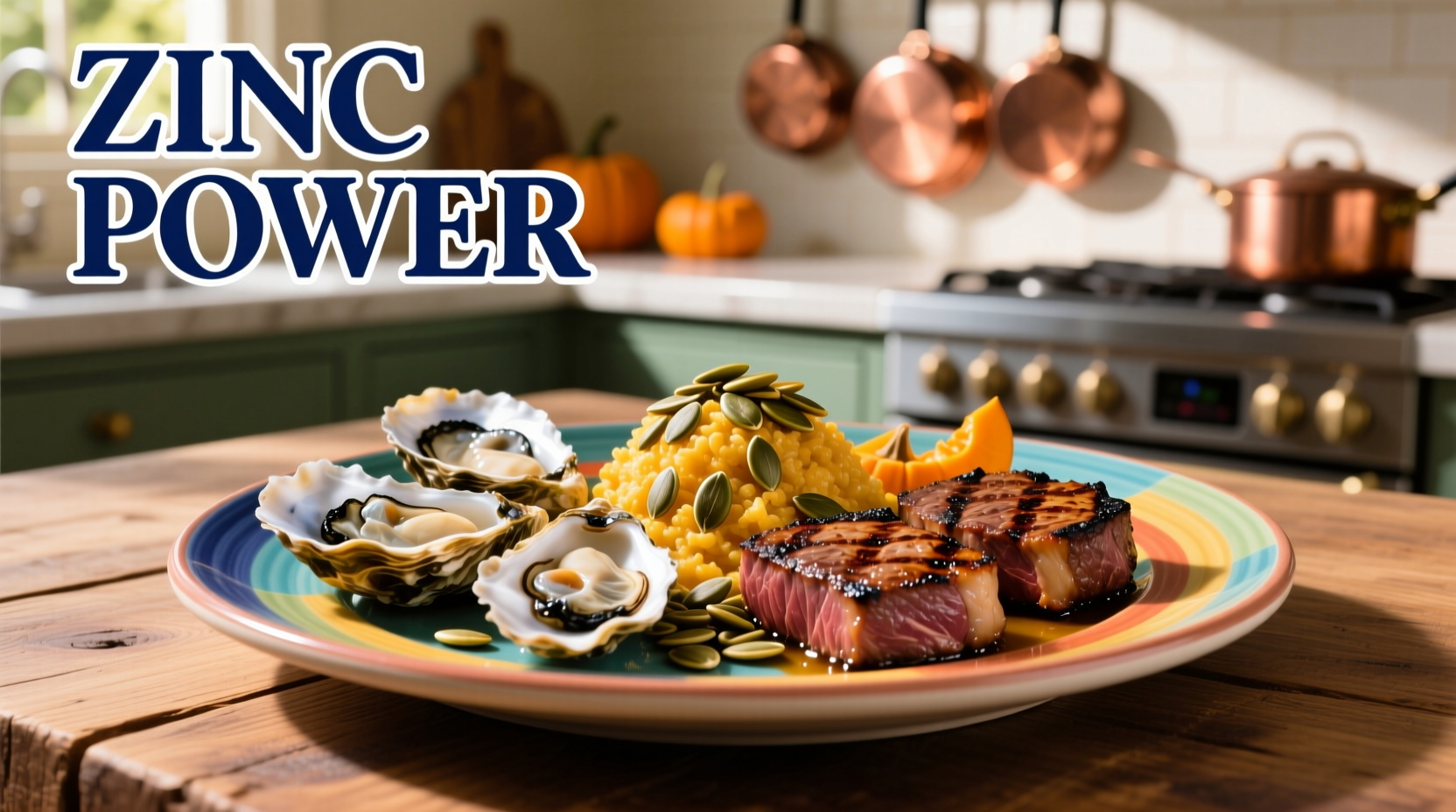 Colorful plate of zinc-rich foods including oysters, pumpkin seeds, and beef