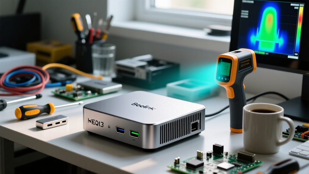 Beelink EQ13 mini PC sitting on a cluttered workbench next to a digital thermal camera showing a cool blue-green heat signature on its chassis