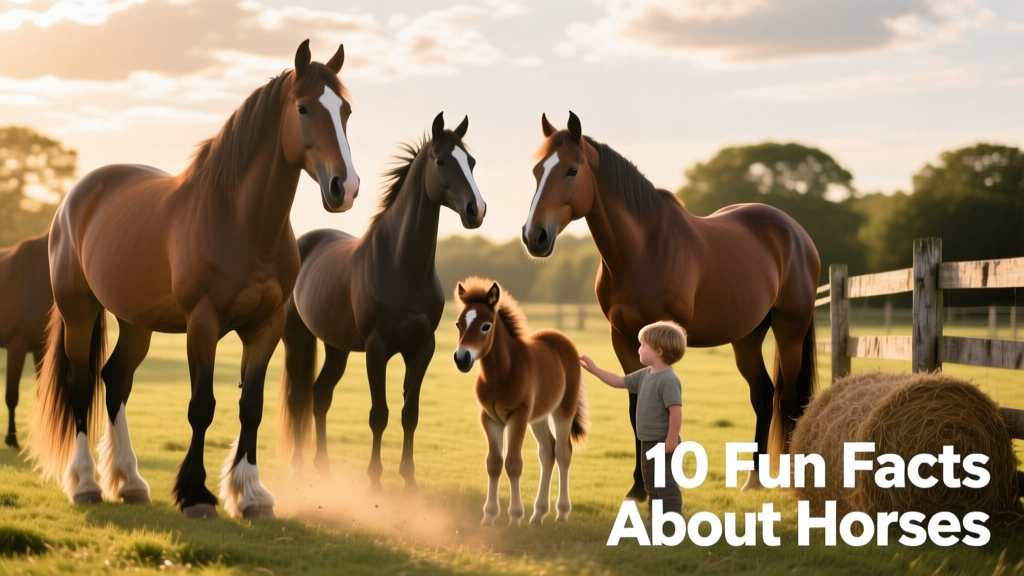A diverse group of horses representing different breeds—draft, Arabian, Quarter Horse, and Shetland pony—in a sunlit paddock