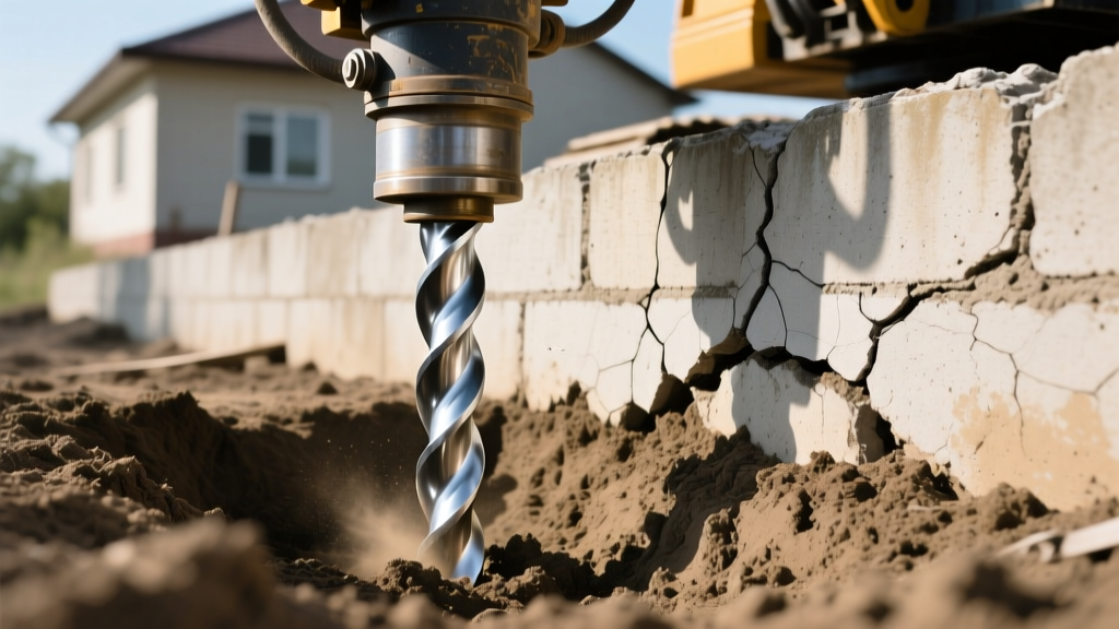 Hydraulic drive head installing a galvanized helical pier into clay soil beside a cracked residential concrete block foundation wall