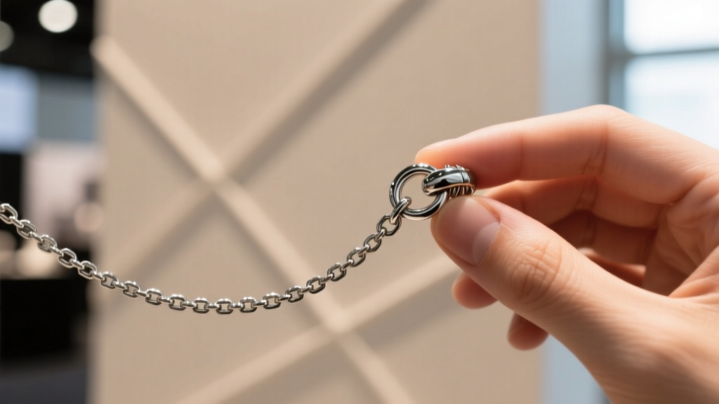 Close-up of a 1.5mm steel box chain and 12mm lobster clasp, held between fingers against a softly blurred convention backdrop