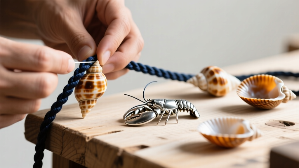 Hands threading braided nylon cord through authentic puka shells, a sterling silver lobster clasp resting on a wooden workbench