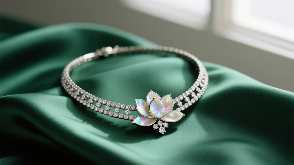 Chelsea White Lotus necklace on emerald silk, highlighting the mother-of-pearl inlay and sparkling diamond pavé edges.