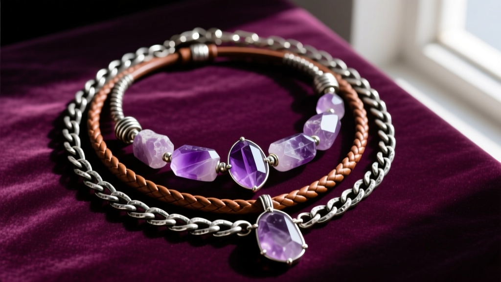 Layered practical magic necklace stack with oxidized silver chains, raw amethyst pendants, and leather cords on velvet