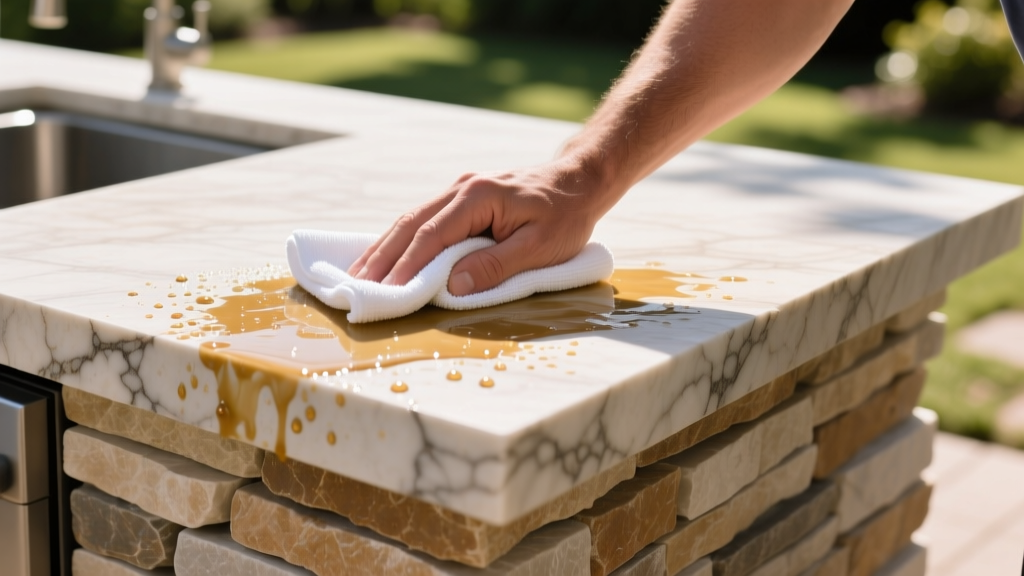 Wiping grease splatter off stacked limestone veneer outdoor kitchen island using specialized stone cleaner and a microfiber cloth