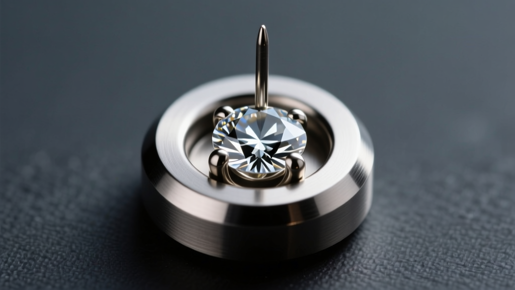 Close-up of a threadless titanium push-pin end with a 3mm bezel diamond, showing the tension fit against a dark slate background