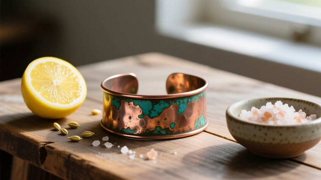 Close-up of a tarnished copper cuff bracelet on a wooden table beside a halved lemon and a small ceramic bowl of coarse sea salt.