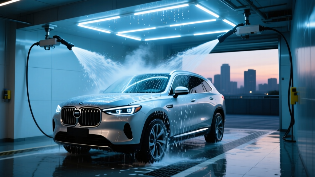 Modern touchless in-bay automatic car wash with high-pressure water jets cleaning a silver SUV under bright LED canopy lighting at dusk