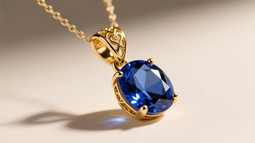 Macro view of a 14k gold necklace bail connecting a fine cable chain to a sapphire pendant under soft directional lighting.