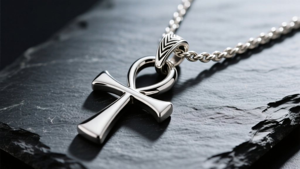 Macro shot of a solid sterling silver Egyptian ankh necklace on dark slate, highlighting the intricate loop bail and cable chain.